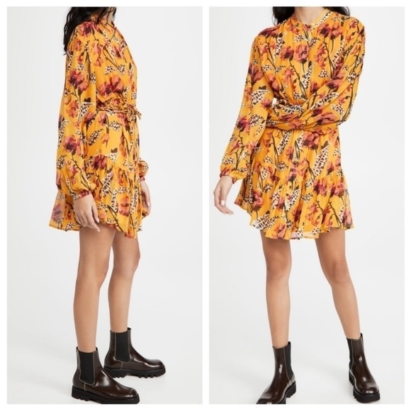 A.L.C. Yellow Floral Silk Jen Mini Dress Long Sleeve Belted Shirtdress Size XS S - Picture 7 of 16